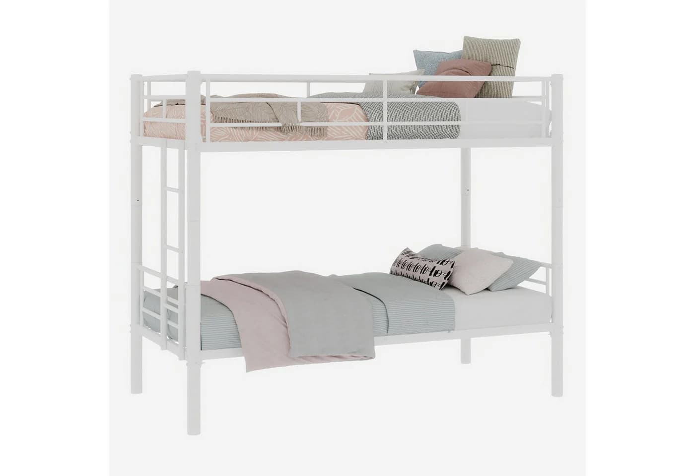 OKWISH Etagenbett Metallbett Weiß mit Leiter und Geländer