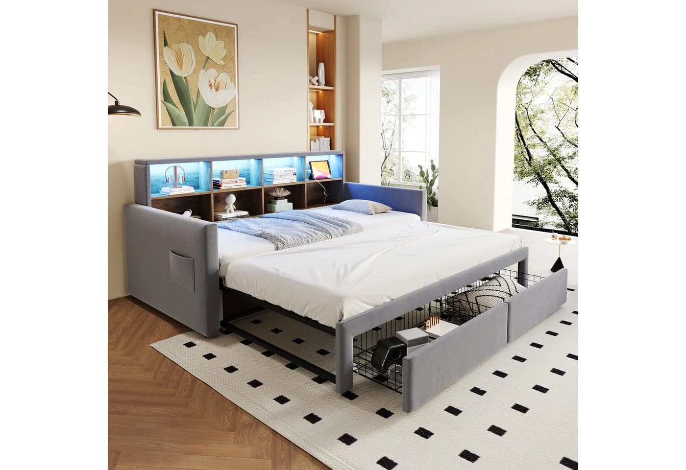 OKWISH Schlafsofa Polsterbett Funktionsbett mit LED-Kopfteil, Steckdosen & Schubladen, Ausziehbares Kinderbett 90/180x190 cm, ohne Matratze