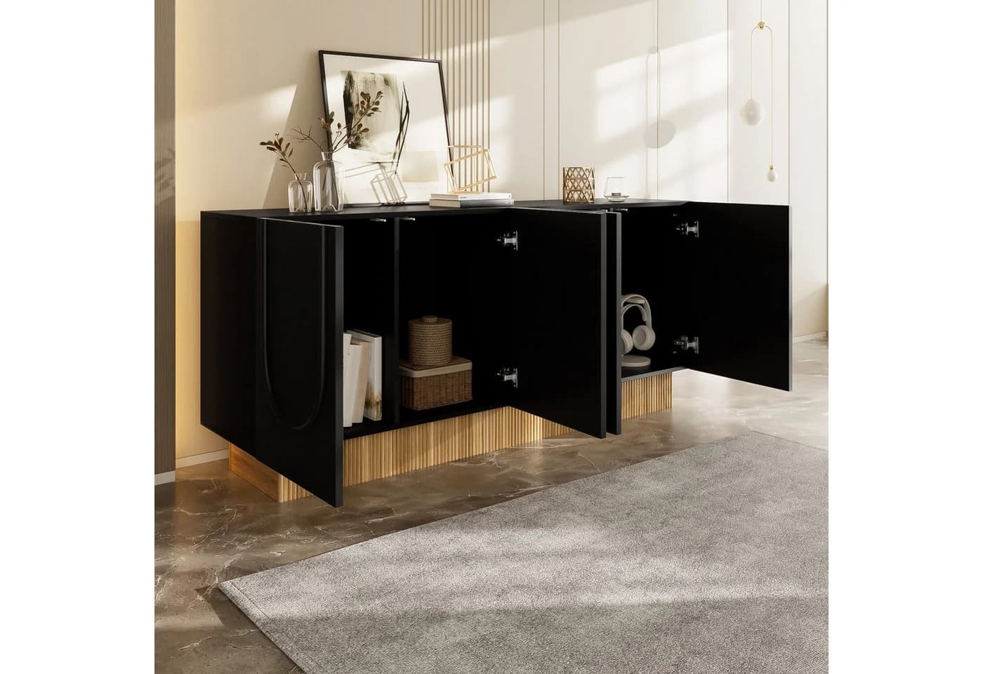 OKWISH Sideboard 160 cm Schwarz mit U-Relief Front