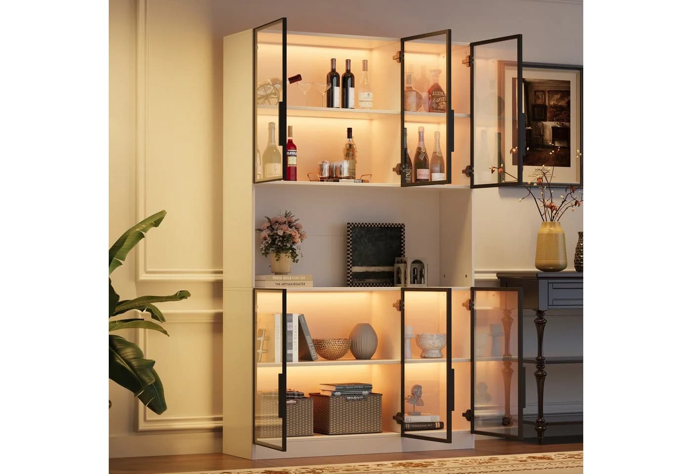 OKWISH Vitrine Regal Weiß mit LED-Beleuchtung & 6 Glastüren