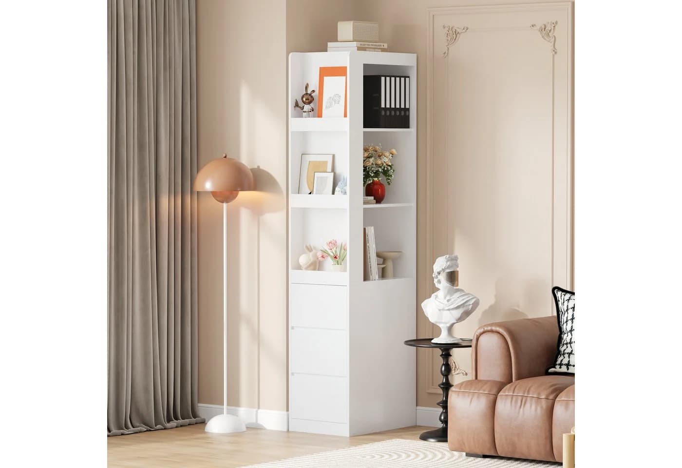 OKWISH Hochschrank Weiß Schmales Bücherregal mit Schubladen