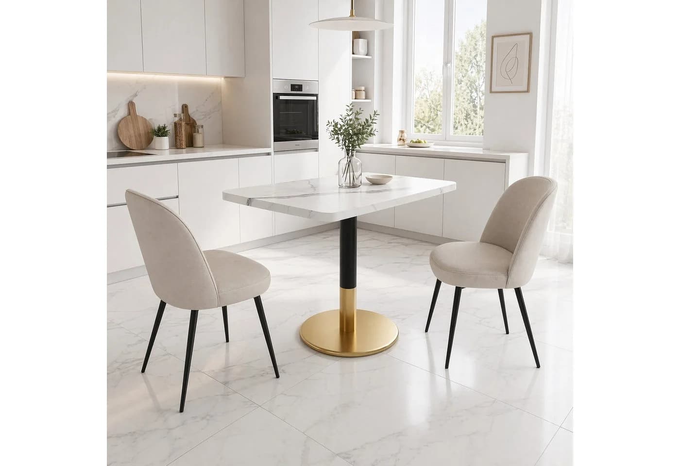 OKWISH Esstisch 80x60 cm Weiß Marmoroptik Goldfuß