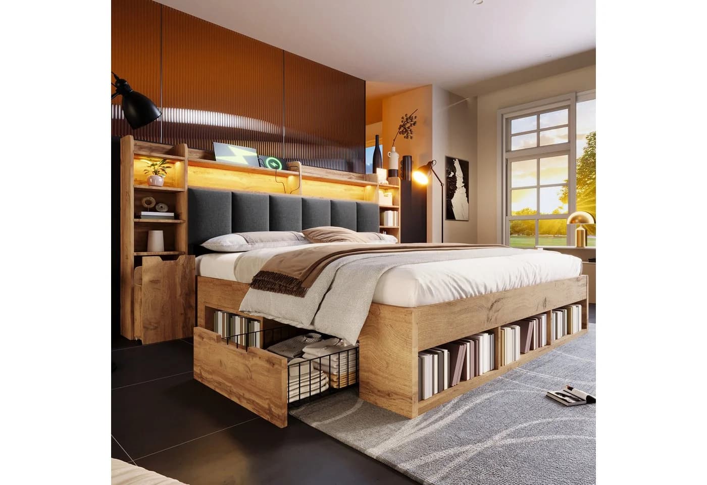 OKWISH Holzbett 180x200 cm Eiche mit LED-Beleuchtung und Stauraum