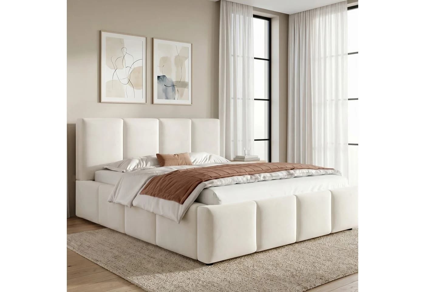 OKWISH Polsterbett 180x200 cm Beige Chenille mit Lattenrost
