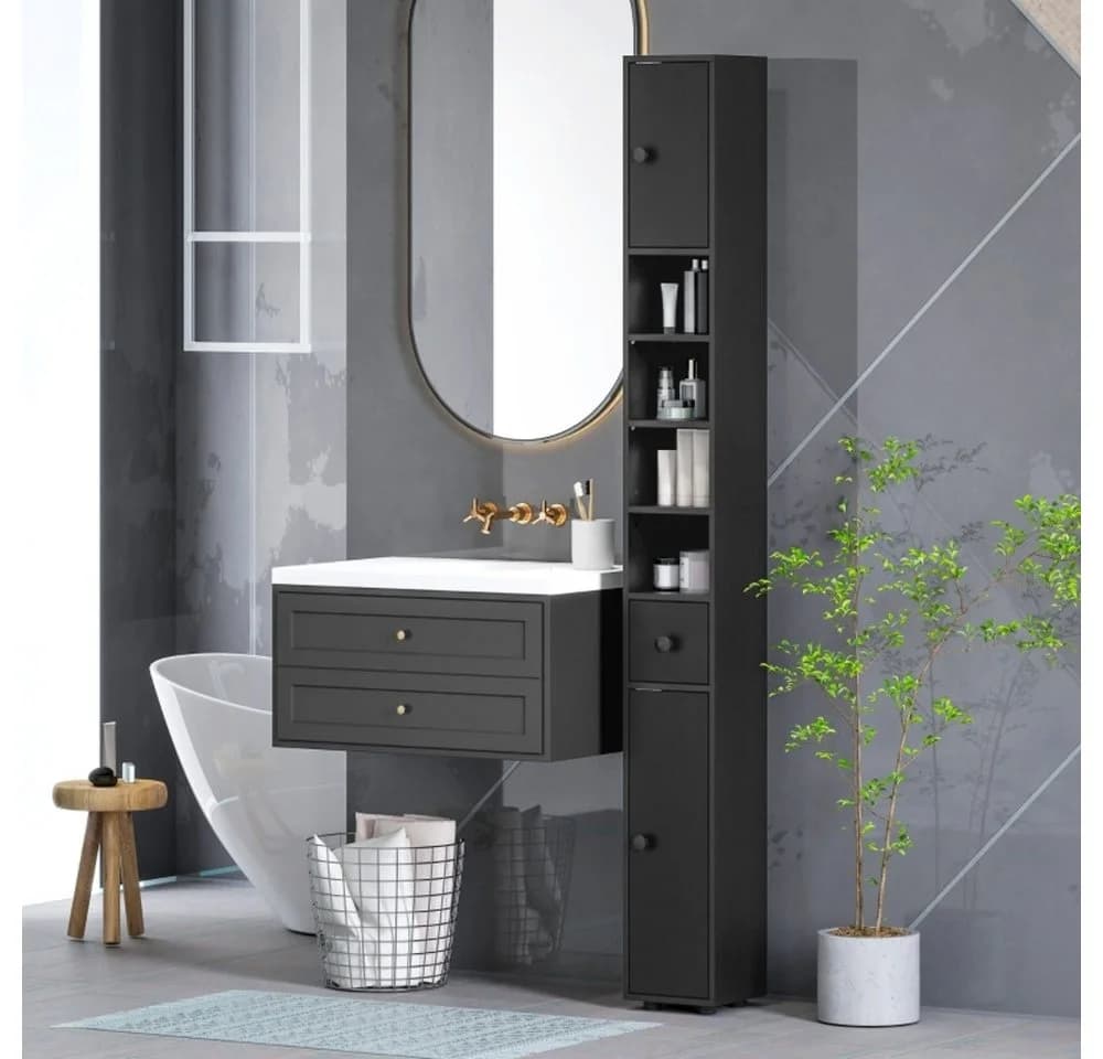 OKWISH Badschrank Schwarz Hochschrank mit Schublade
