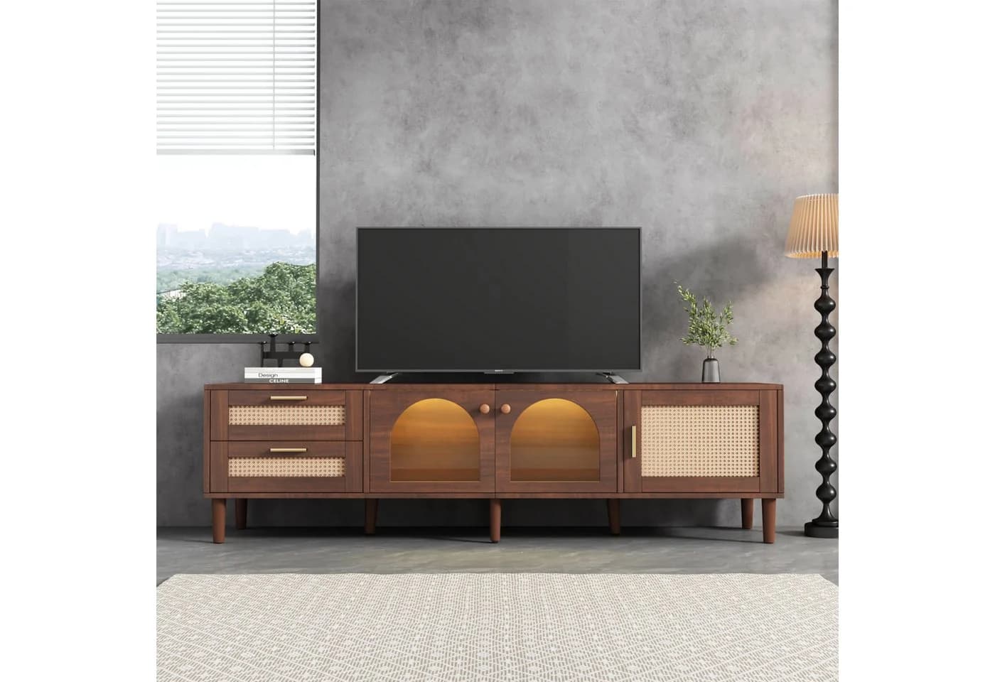 MODFU TV-Schrank mit LED-Beleuchtung Rattan Glas Braun