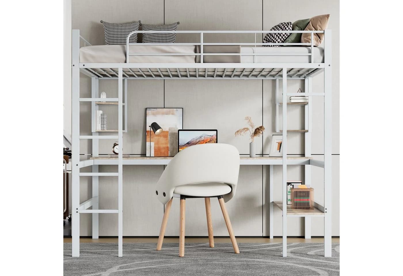 MODFU Hochbett Metall weiß mit Schreibtisch & Regal