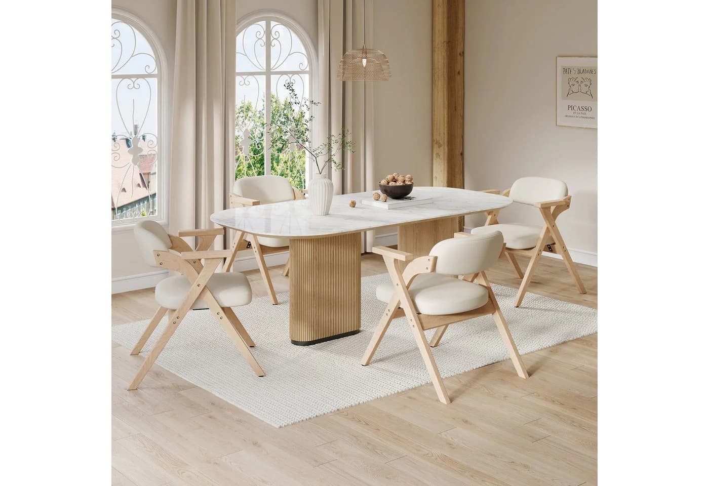 MODFU Esszimmerstuhl 6er-Set klappbar Massivholz Leinen Beige