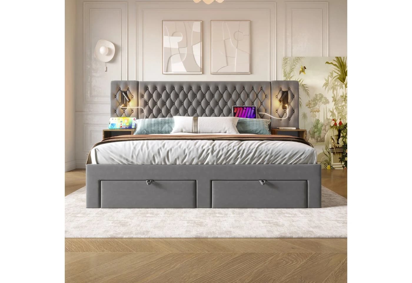MODFU Polsterbett Vintage Doppelbett 180x200 cm mit Matratze
