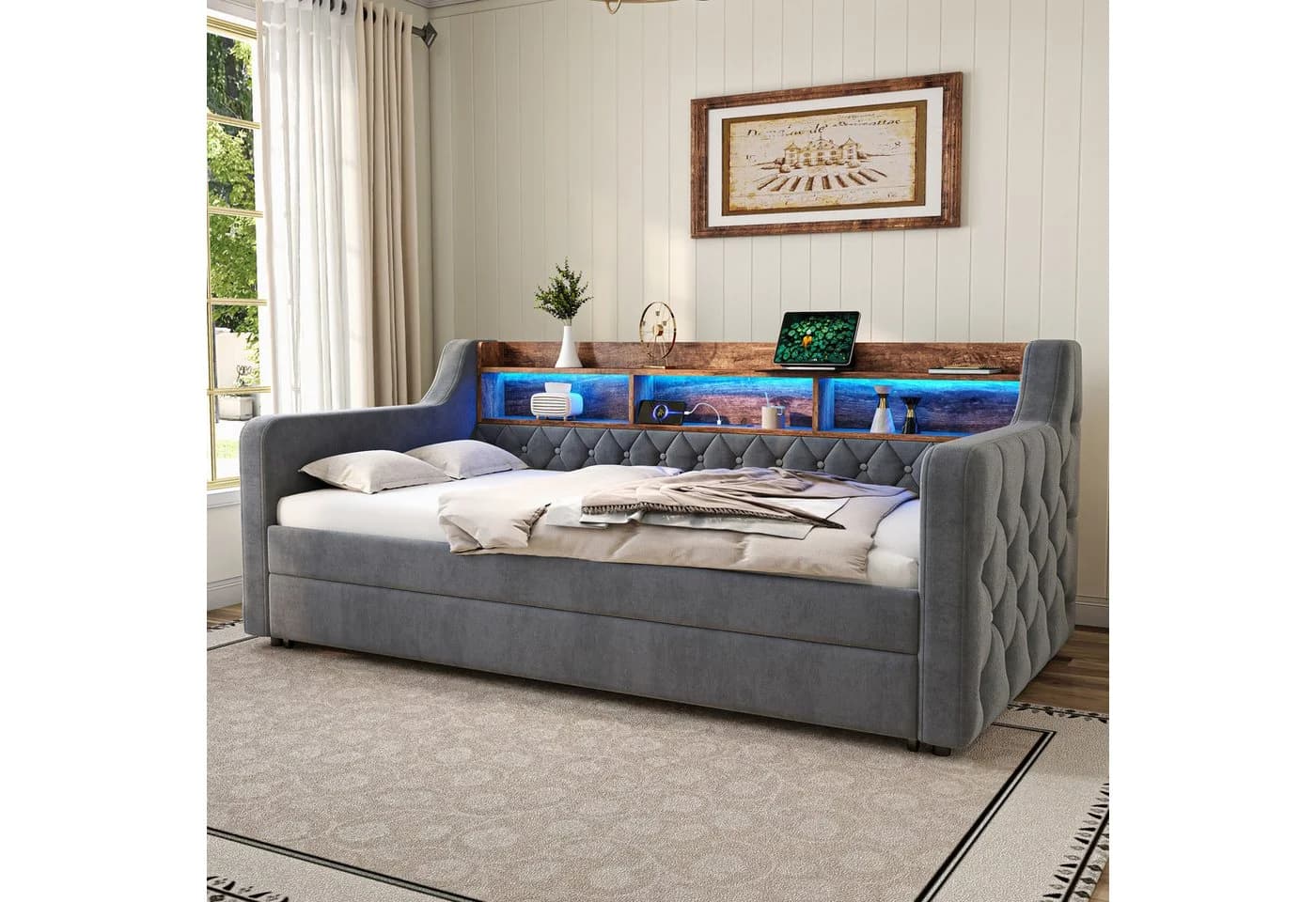 MODFU Schlafsofa Samt-Polsterbett mit LED-Beleuchtung und USB-C-Anschluss
