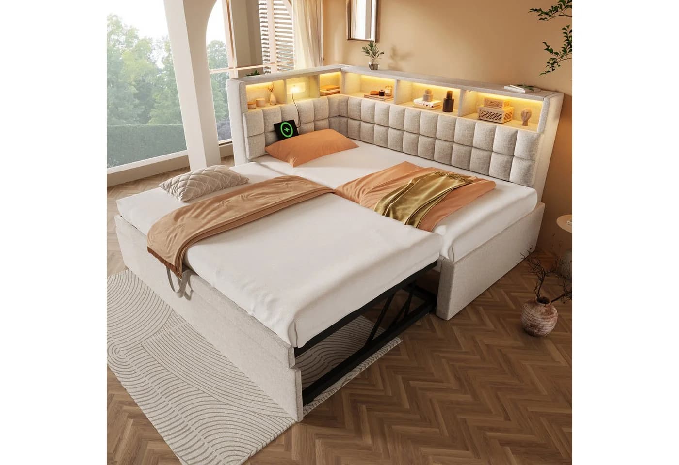 MODFU Polsterbett mit LED, Bluetooth & USB-C Beige Ausziehbett