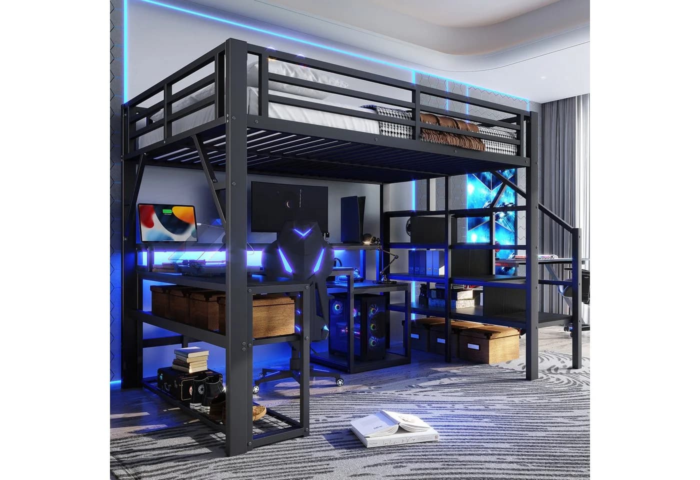 MODFU Hochbett mit Schreibtisch, LED & Stauraumtreppe Schwarz Metall