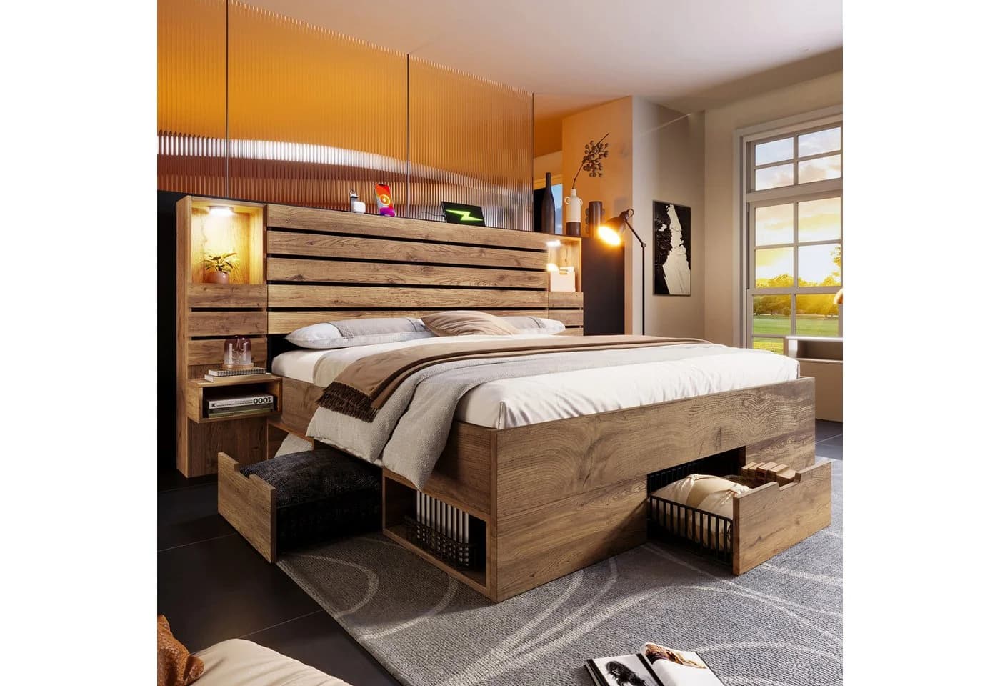 MODFU Holzbett 180x200 mit LED, Schubladen & USB-Anschluss