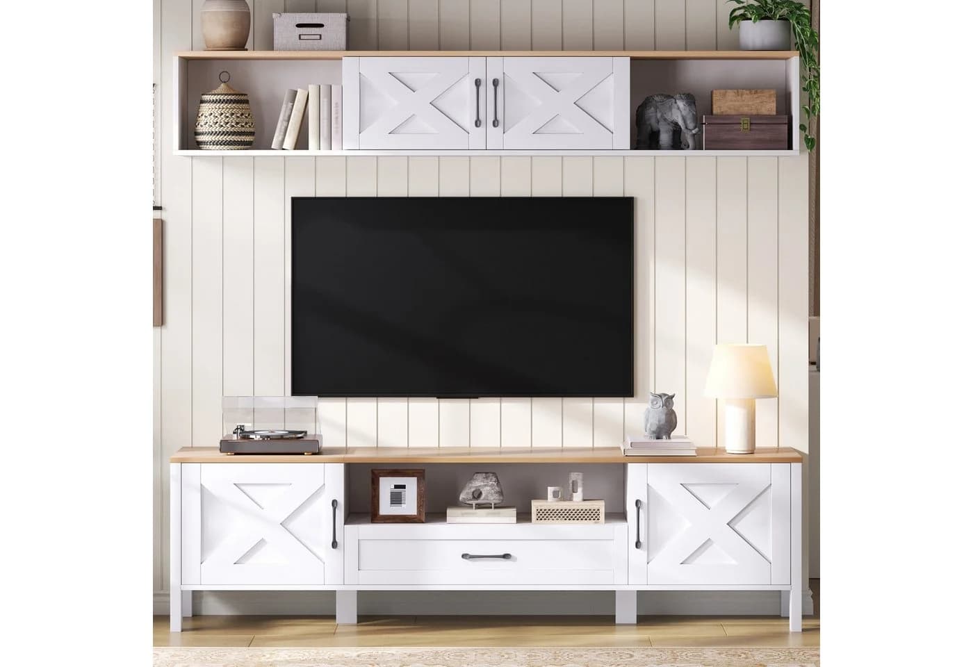 MODFU TV-Schrank Mediawand Weiß 180 cm mit Hängevitrine