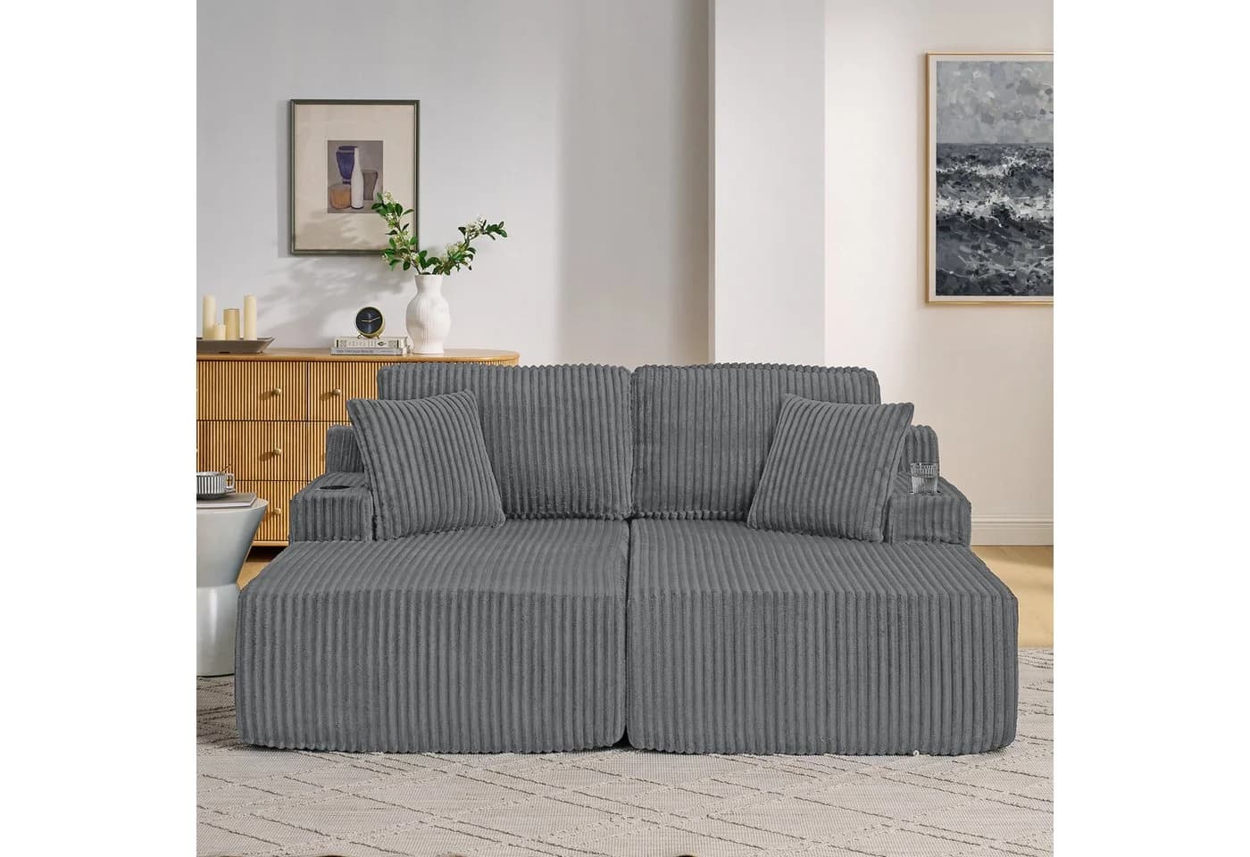 MODFU Schlafsofa 2-Sitzer Grau Kordstoff mit Getränkehalter