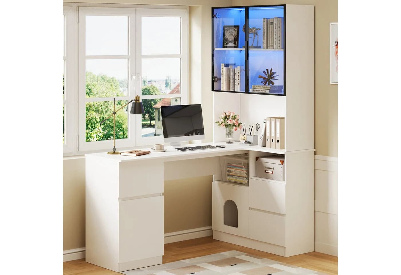 MODFU Eckschreibtisch mit LED-Vitrine Weiß Grau MDF