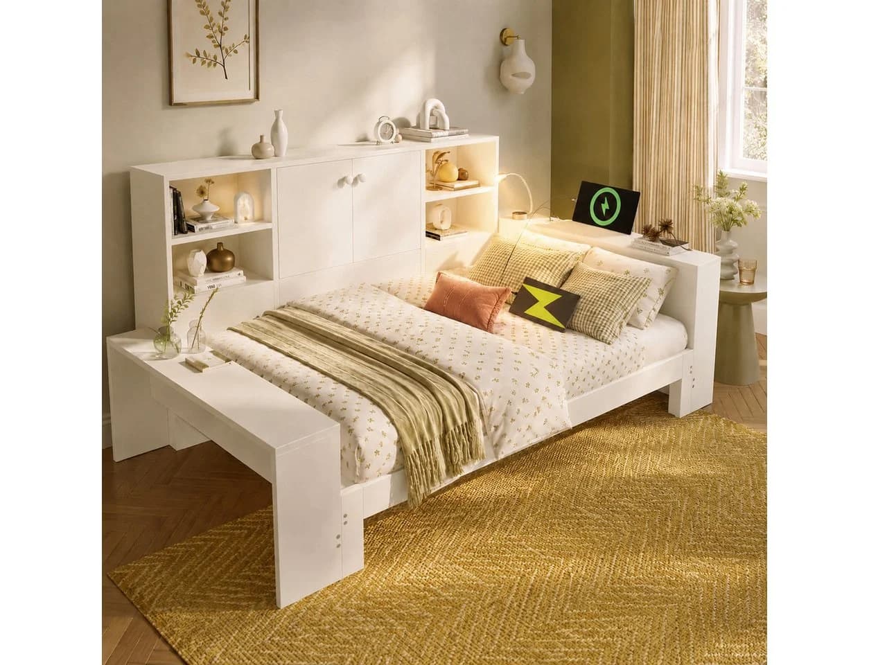 MODFU Stauraumbett Ausziehbett 90/180x200 cm Weiß mit USB-Anschlüssen