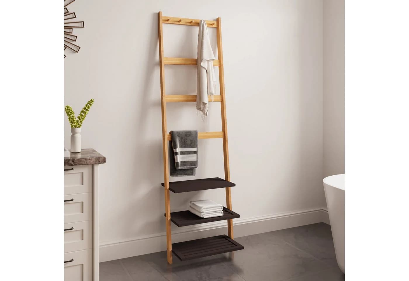 MODFU Bambus-Standregal schmal mit 3 Ablagen Beige