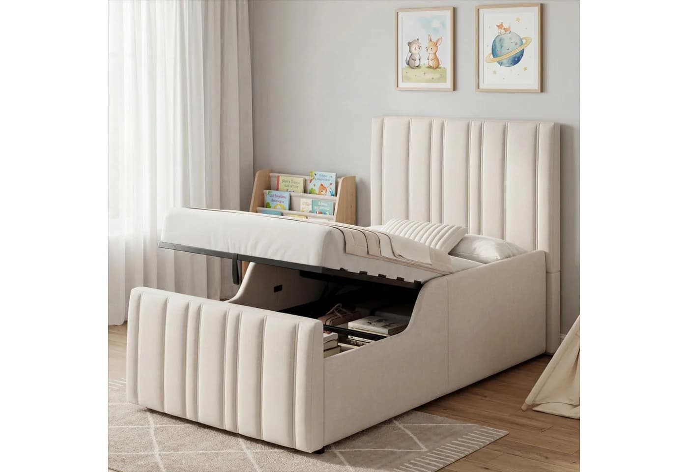 MODFU Polsterbett Beige Leinen mit Stauraum und Lattenrost