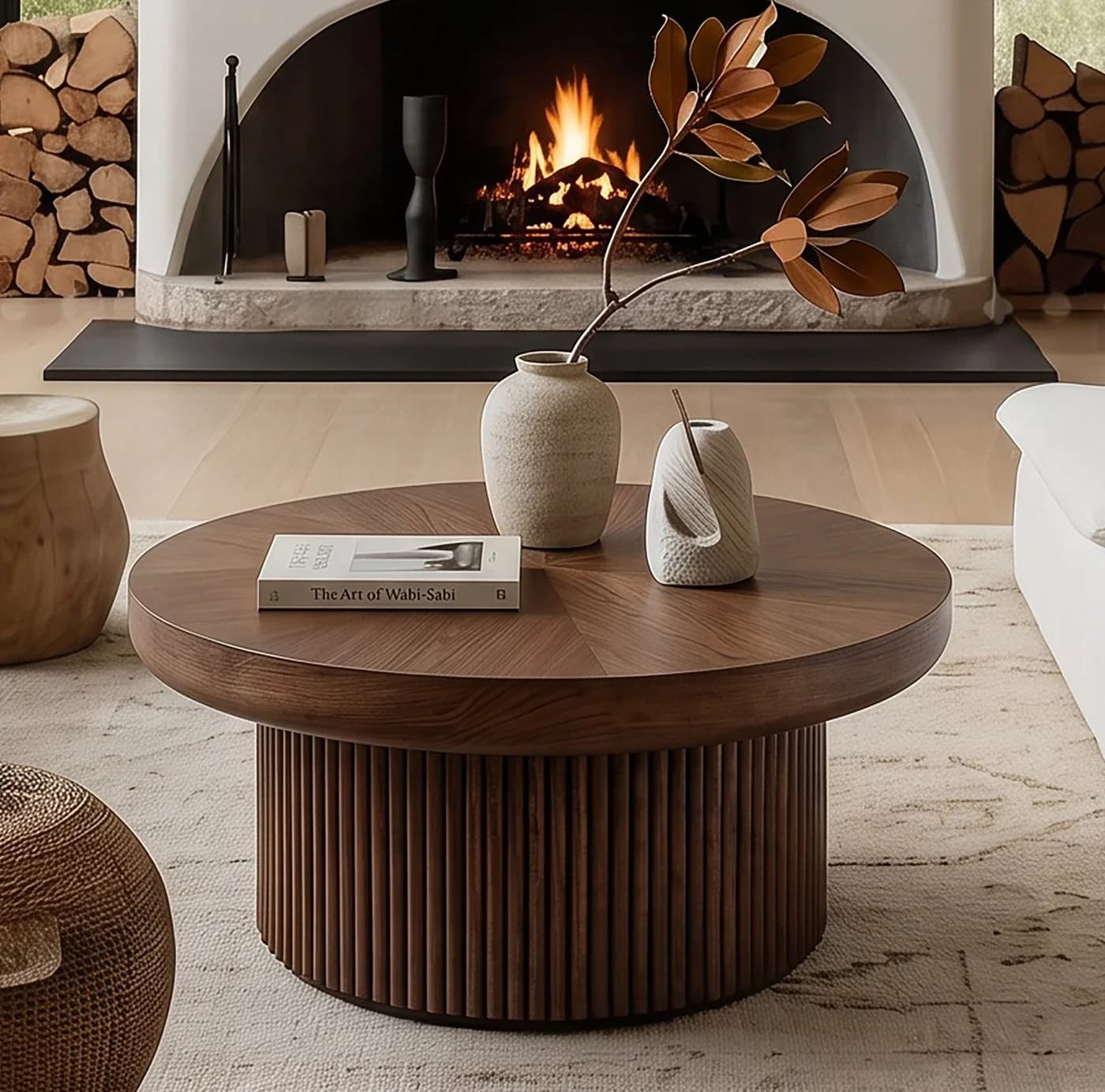 MODFU Couchtisch rund 78 cm Walnut Holzoptik Parquettmuster