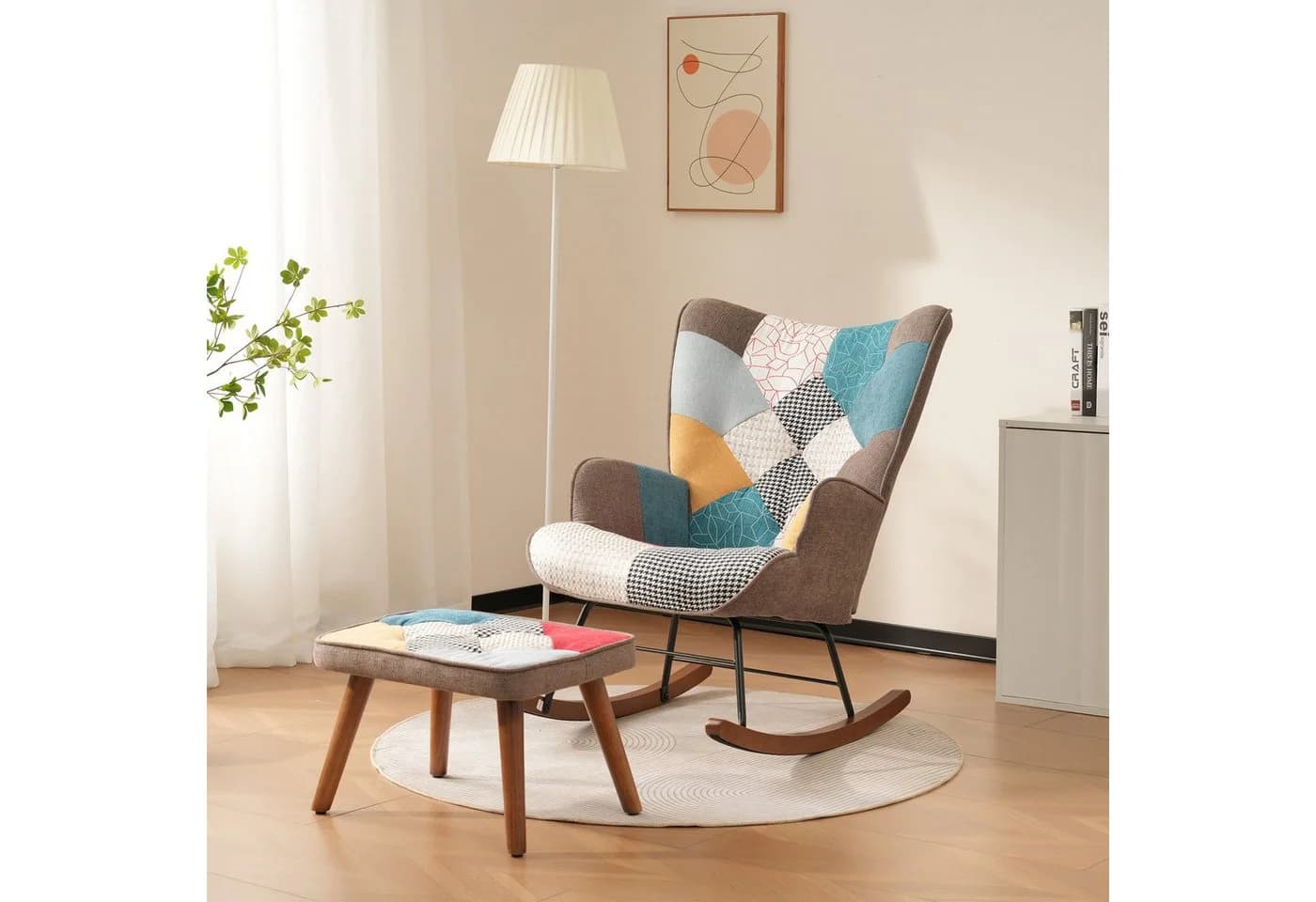 STILVORA Ohrensessel mit Spleißen, Relaxsessel Schaukelstuhl mit Fußstütze & Polsterung, Lebendige Farben