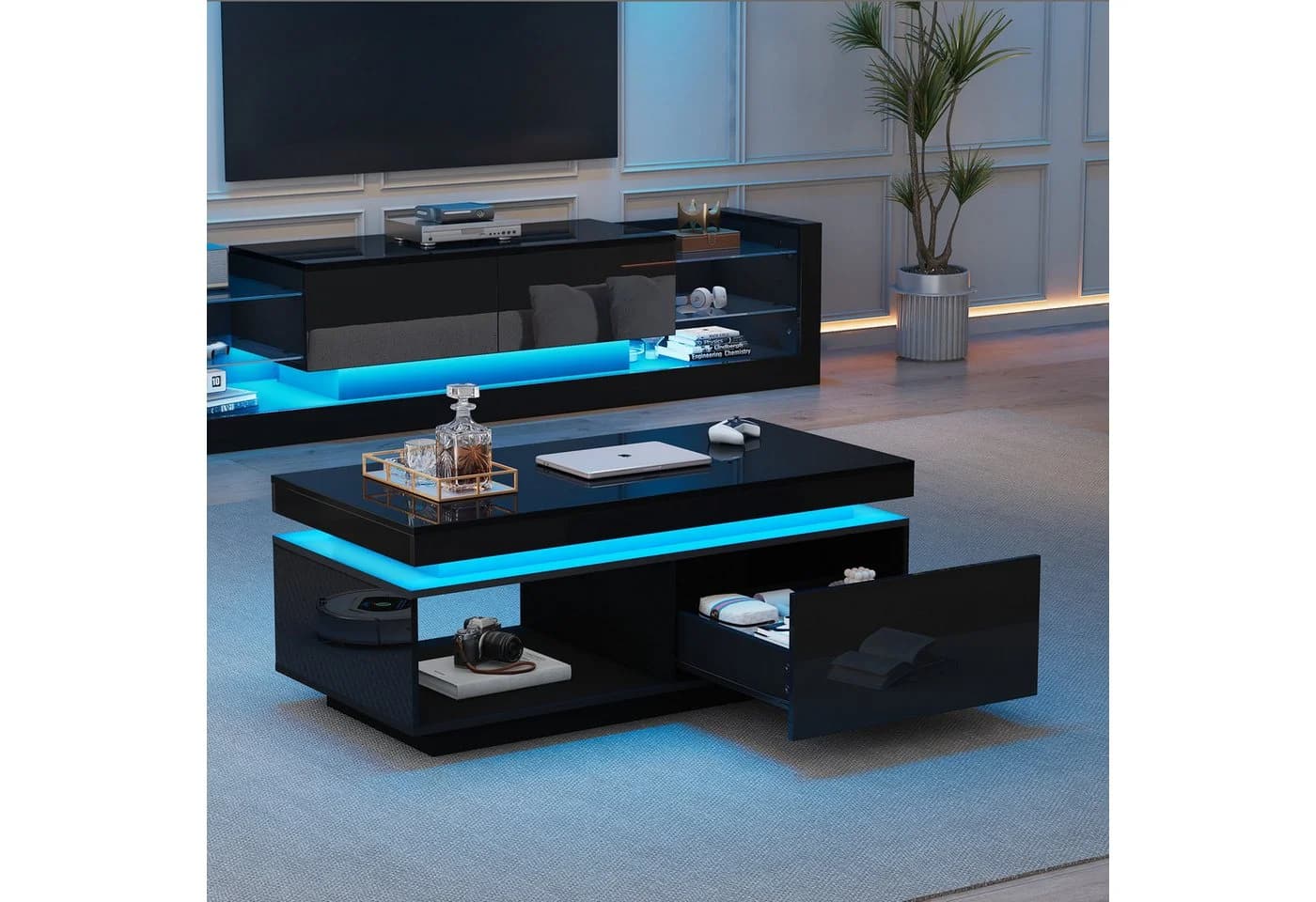STILVORA Wohnzimmer-Set Hochglanz Kaffeetisch mit Schubladen, Beistelltisch mit LED Licht