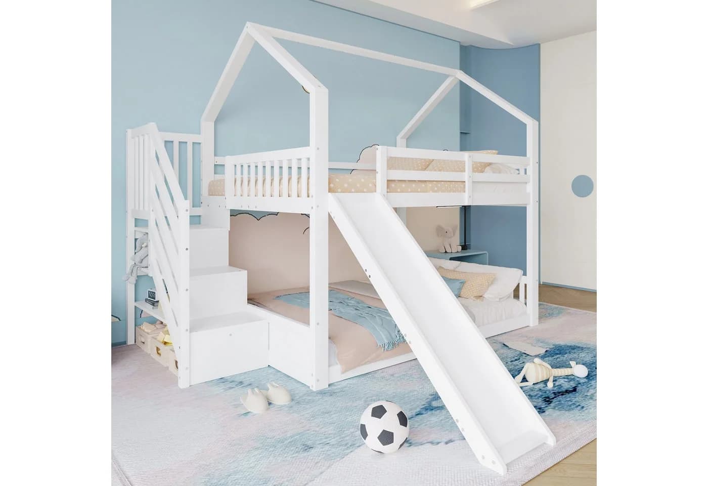 STILVORA Etagenbett 140x200 mit Stauraumtreppe und Rutsche Weiß