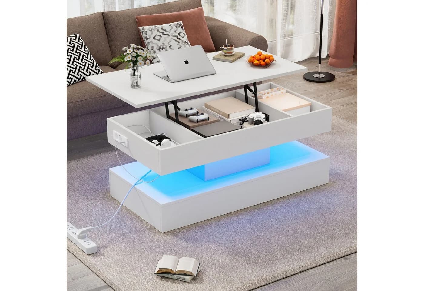 STILVORA Couchtisch Hebbarer Wohnezimmertisch LED-Beleuchtung Weiß