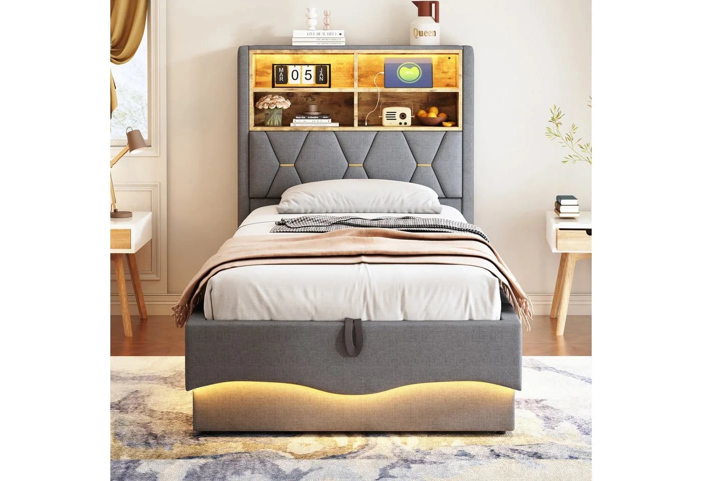 STILVORA Polsterbett 90x200 mit LED-Licht USB Jugendbett Einzelbett mit Lattenrost Grau
