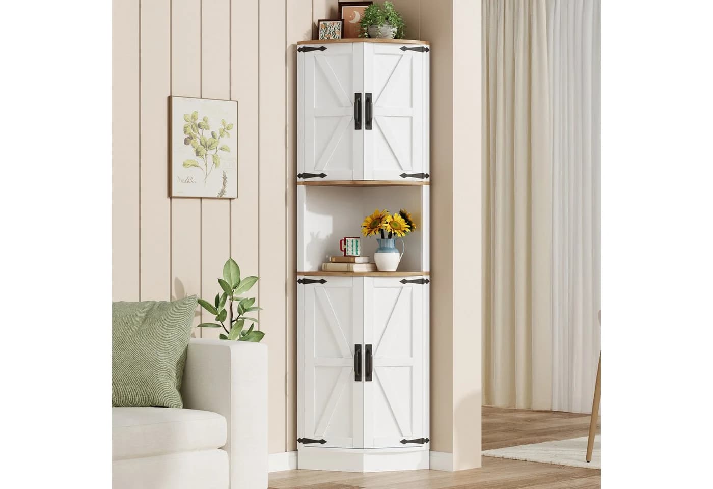 STILVORA Eckschrank mit Metallgriffen, weiß, 5 Staufächer, rustikaler Stil