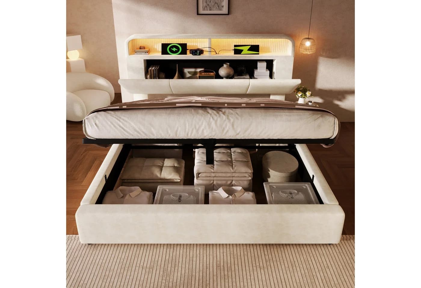 STILVORA Polsterbett 180x200 mit LED-Beleuchtung & USB/Type-C Ladestation
