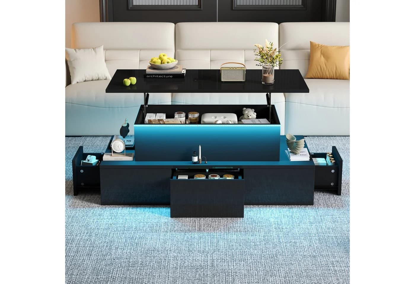STILVORA Couchtisch Schwarz Liftfunktion LED 4 Schubladen