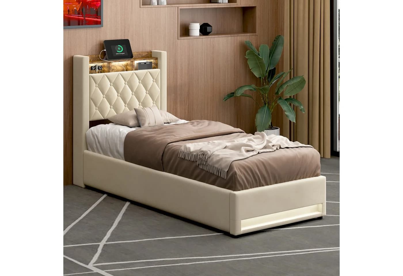 STILVORA Polsterbett mit Bettkasten, Stauraumbett Boxspringbett 90x200 mit USB & LED-Licht