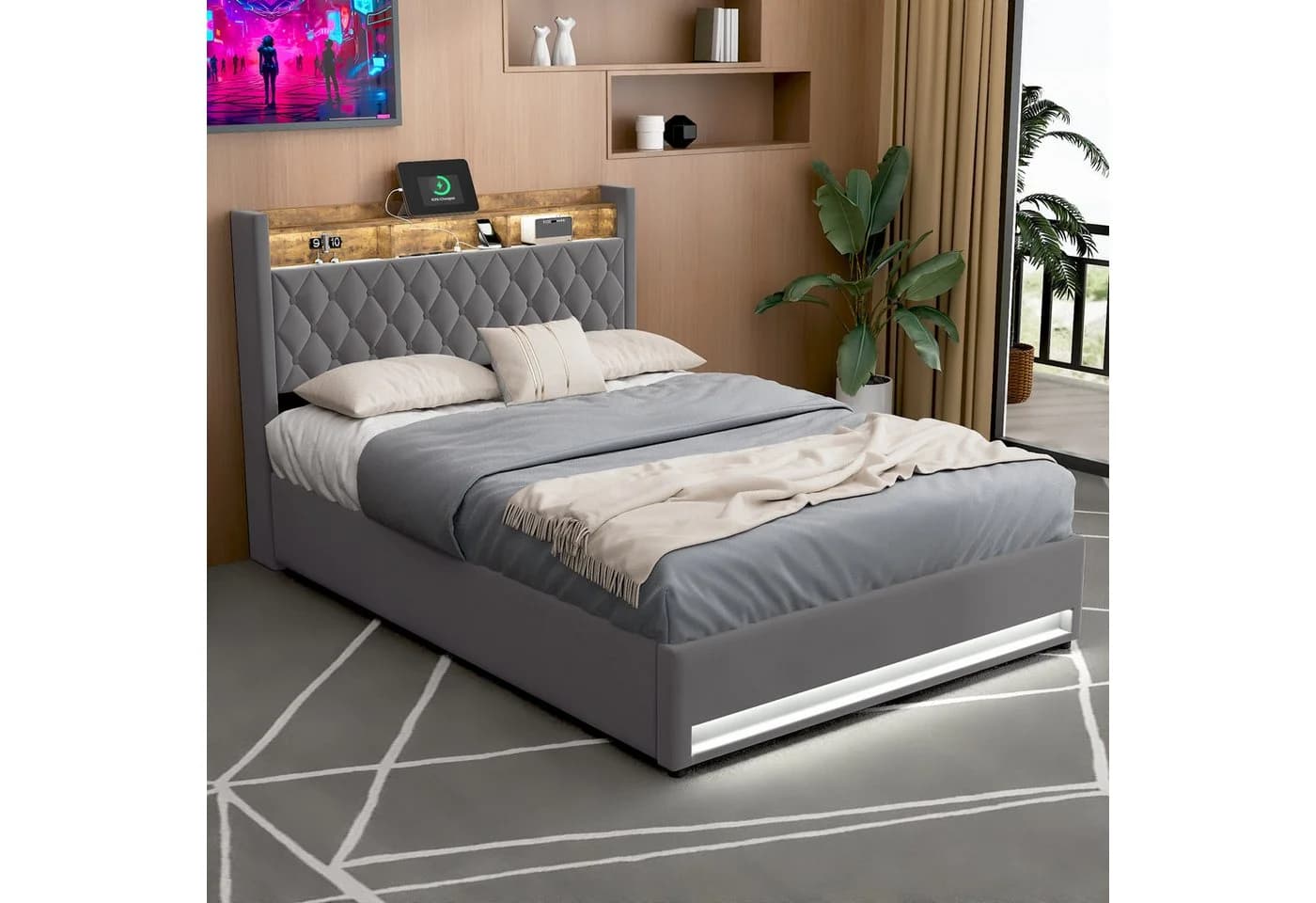 STILVORA Polsterbett mit Bettkasten 160x200 cm USB LED-Licht