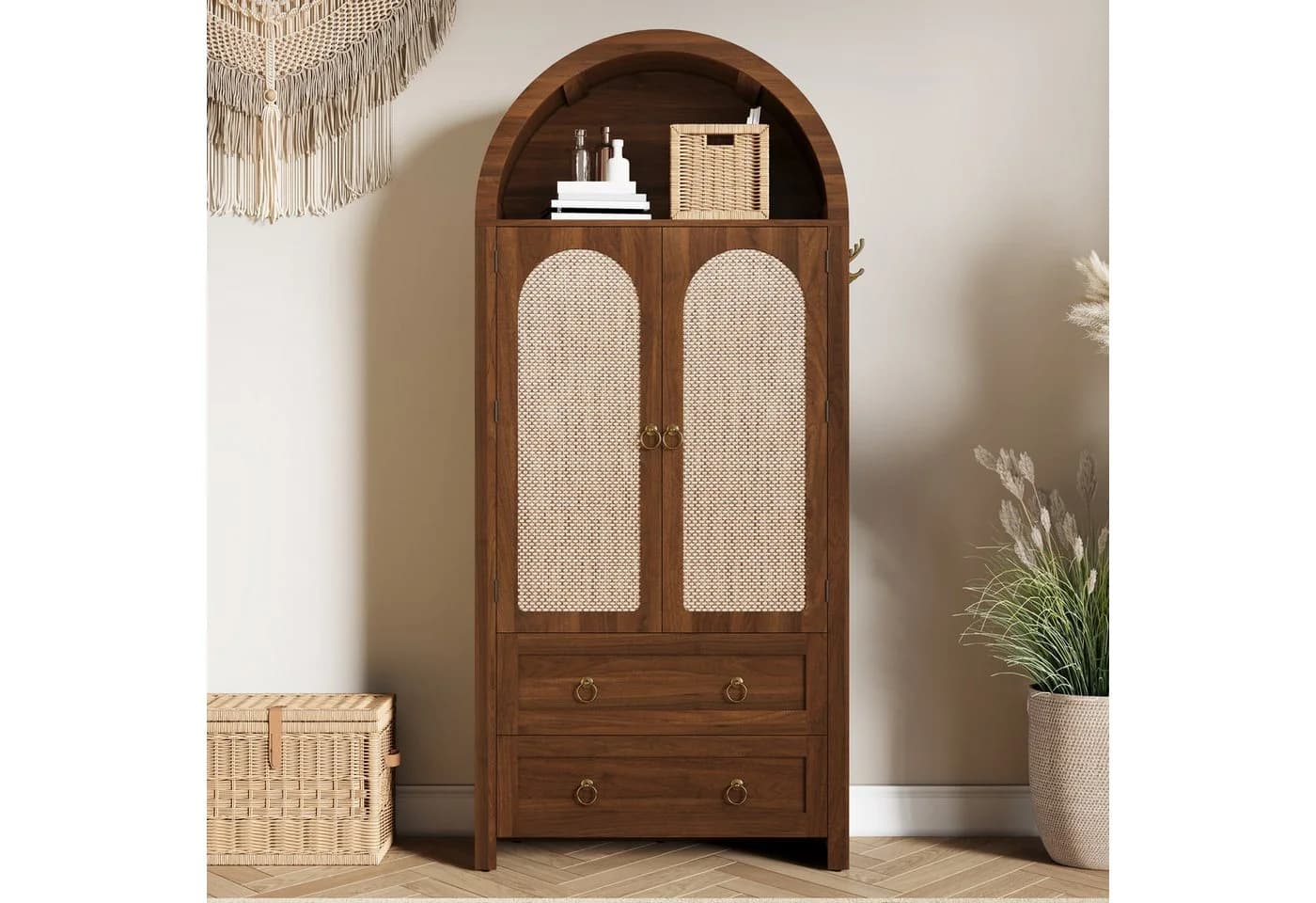 STILVORA Highboard Vintage Nussbaum Rattantür Sideboard