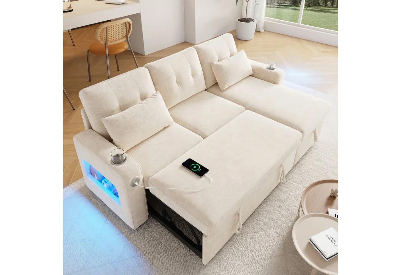 STILVORA Schlafsofa Ecksofa Beige mit Schlaffunktion, USB & LED