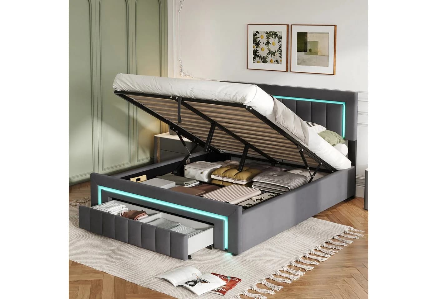 STILVORA Polsterbett 140x190 Samt Grau mit Bettkasten & LED