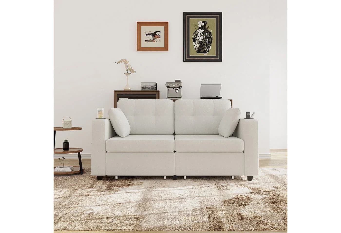 STILVORA Schlafsofa 2-Sitzer Beige Chenille mit USB & Stauraum