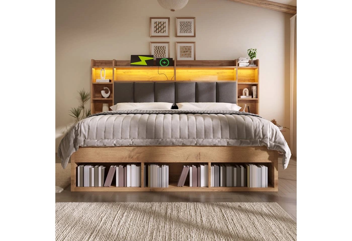 STILVORA Stauraumbett 180x200 mit LED, USB & Nachttischen