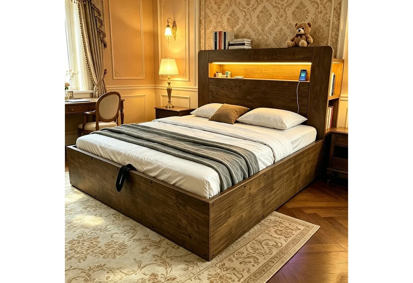 STILVORA Bettgestell 140x200 mit Bettkasten und LED-Beleuchtung Vintage-Holz