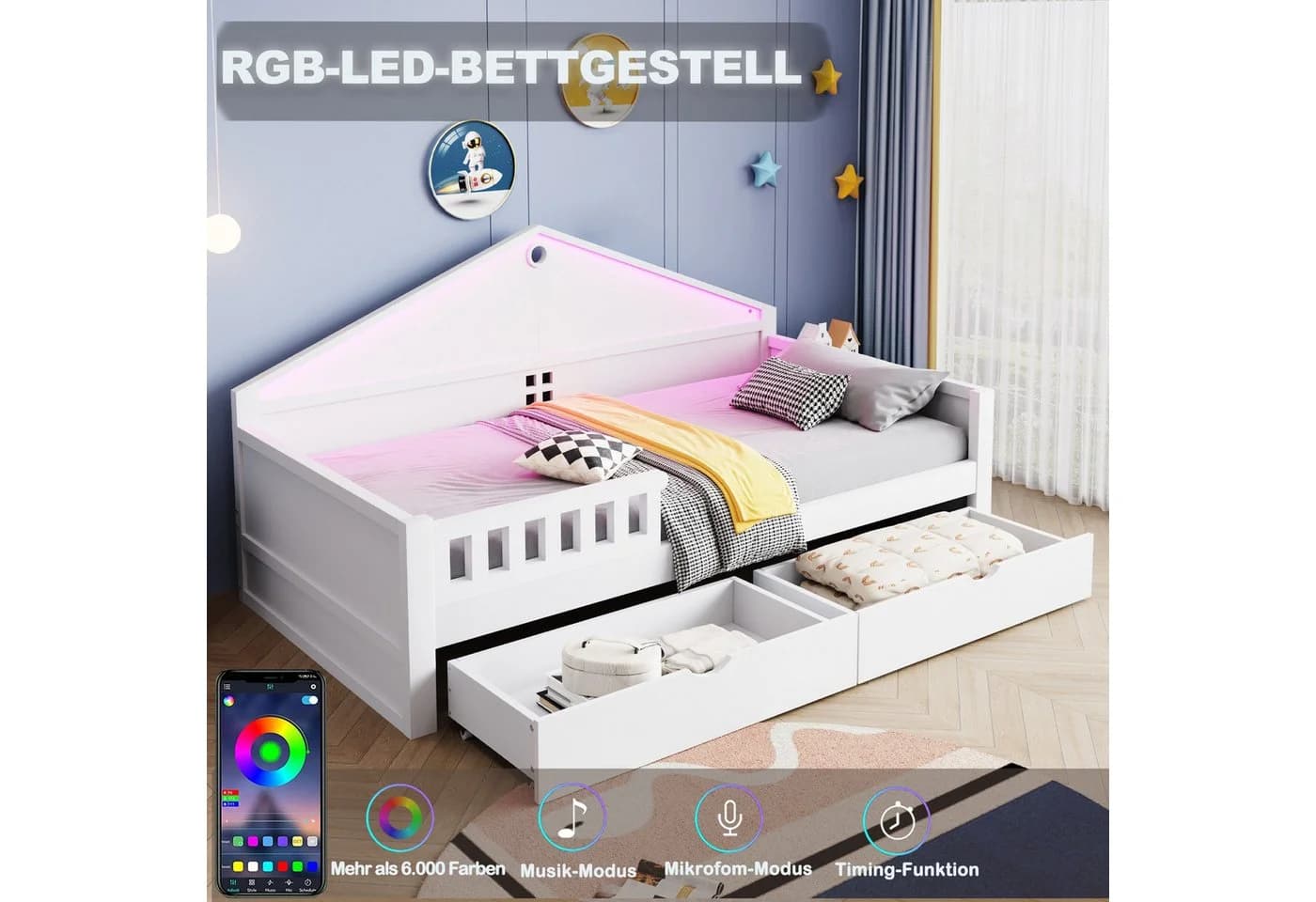 REDOM Kinderbett mit LED-Licht & Schubladen weiß/grau