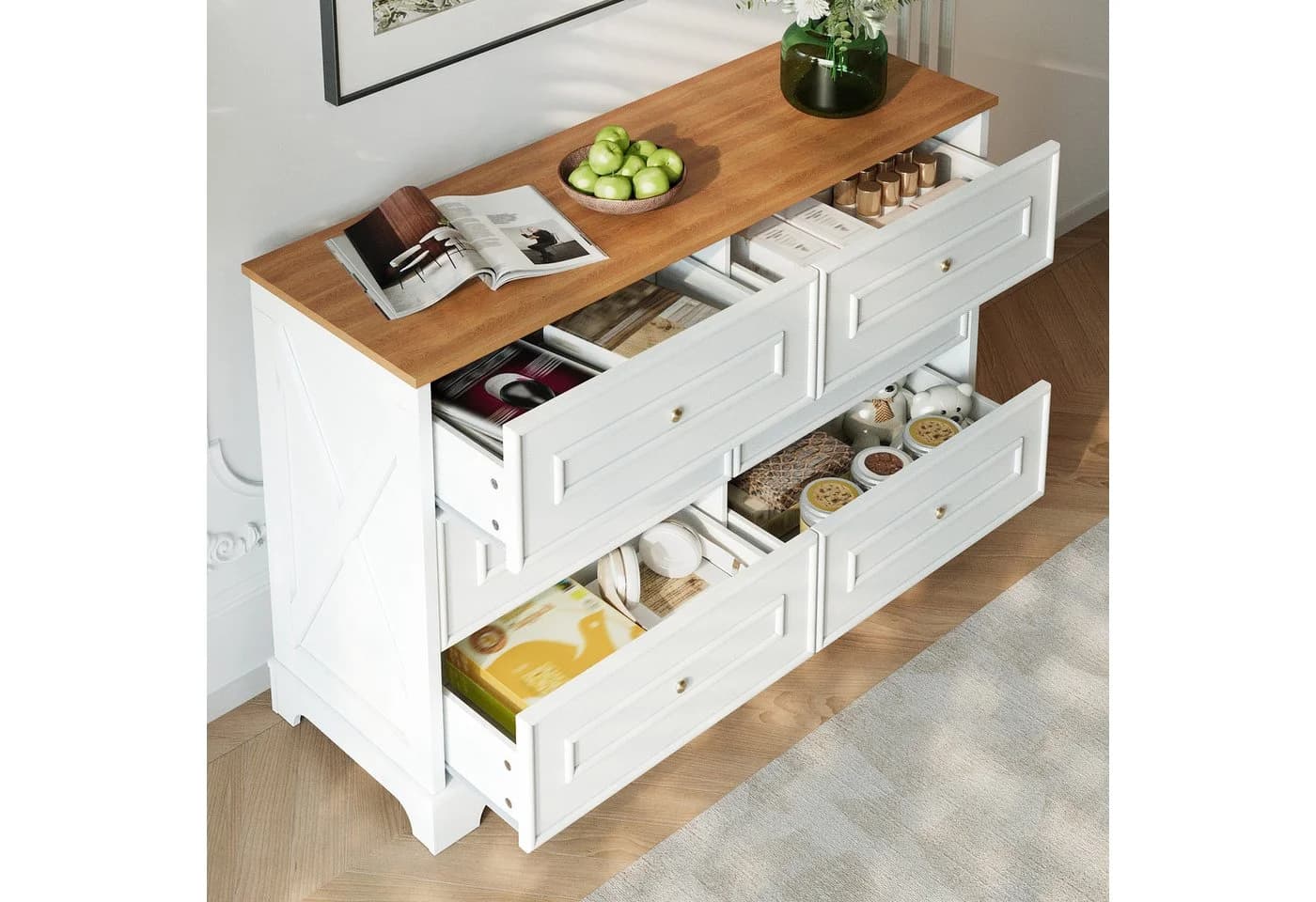 REDOM Sideboard Kommode Weiß/Natur 6 Schubladen Retro Landhaus