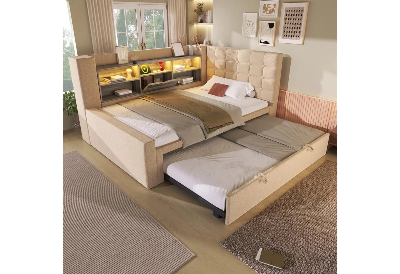 REDOM Polsterbett Flexibles Ausziehbett mit LED und Ladestation Beige