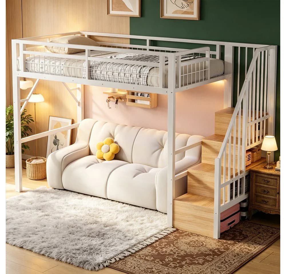 REDOM Hochbett Jugendbett mit LED-Lichtleiste