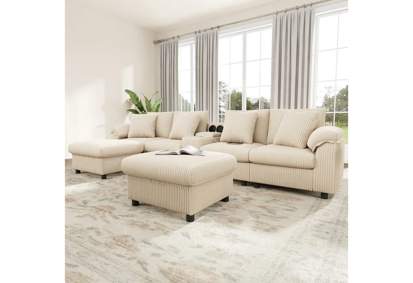 REDOM Wohnlandschaft Beige mit Konsole, Bluetooth & USB