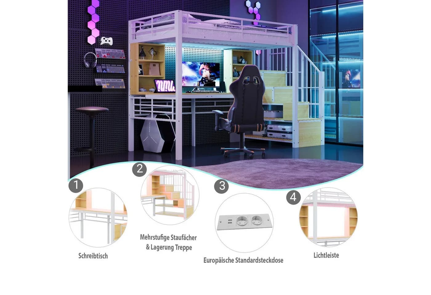 REDOM Hochbett mit Stauraumtreppe, Schreibtisch und LED-Beleuchtung weiß