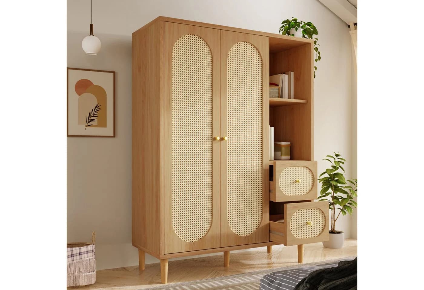 REDOM Kleiderschrank mit Rattanfront und goldfarbenen Griffen