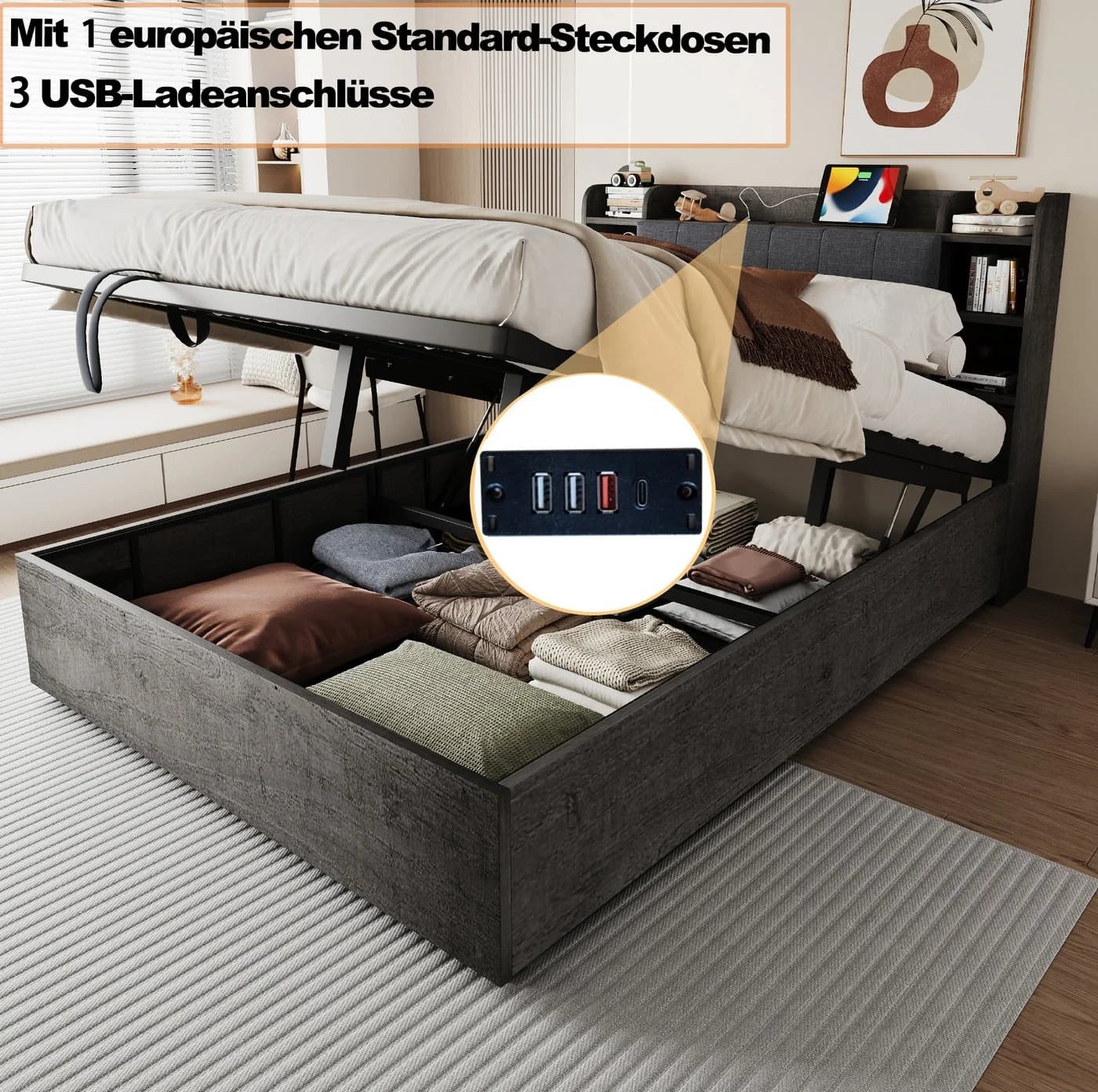 REDOM Stauraumbett Grau Hydraulisch mit USB-Anschluss