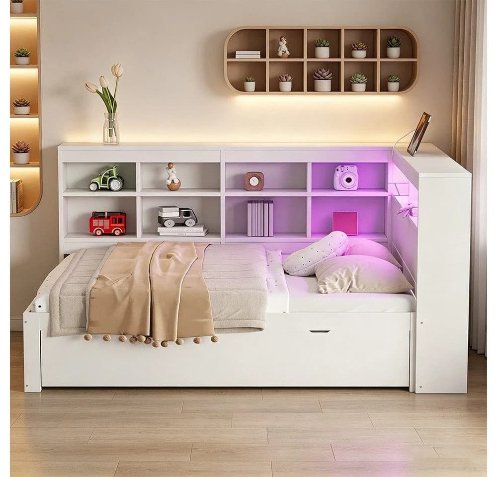 REDOM Stauraumbett mit USB, LED & Schubladen Weiß/Grau