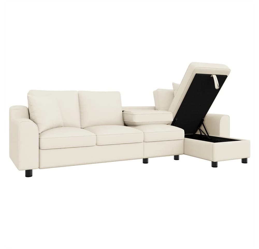 REDOM L-förmiges Chenille Sofa Beige mit Stauraum und Getränkehalter